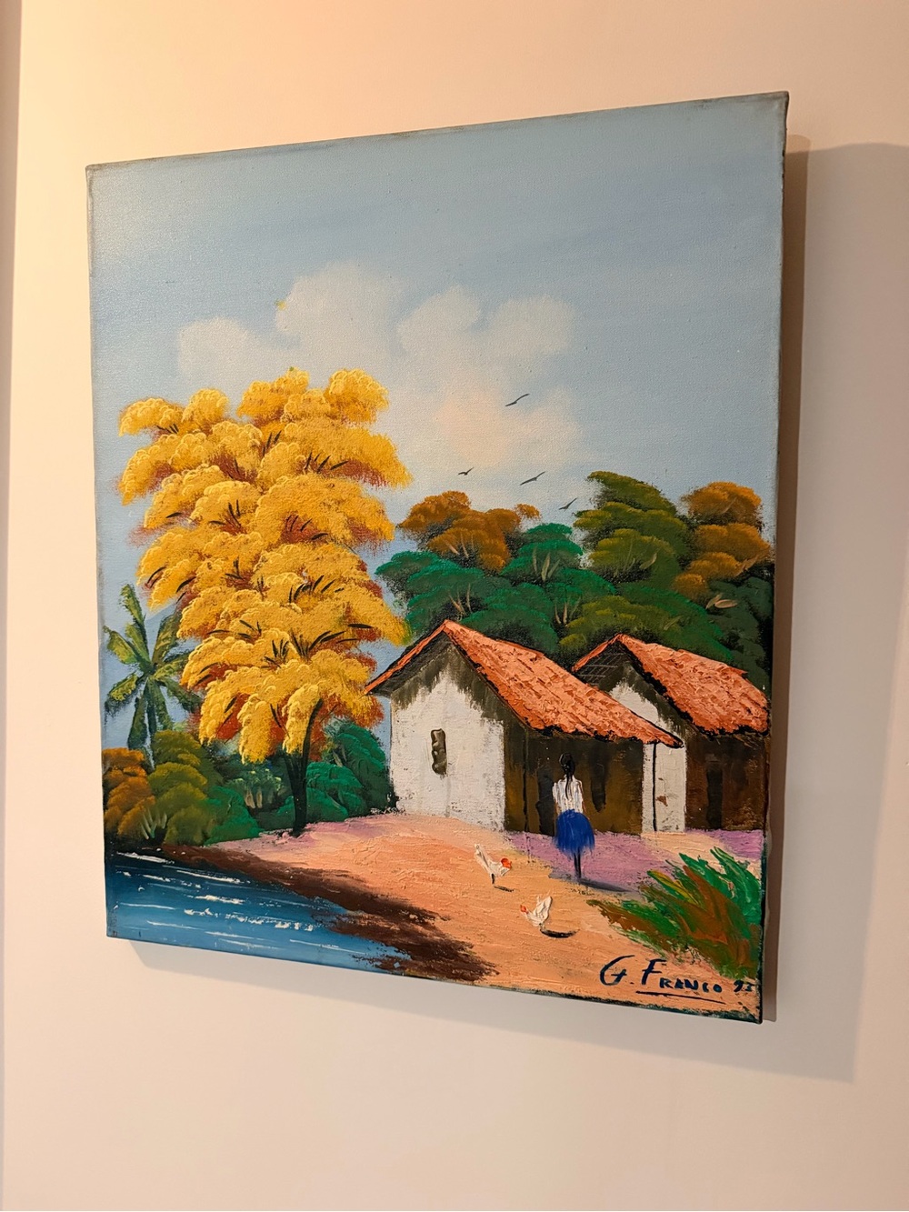 Vintage Signed Original Oil Painting on Canvas - Tropical Village Landscape